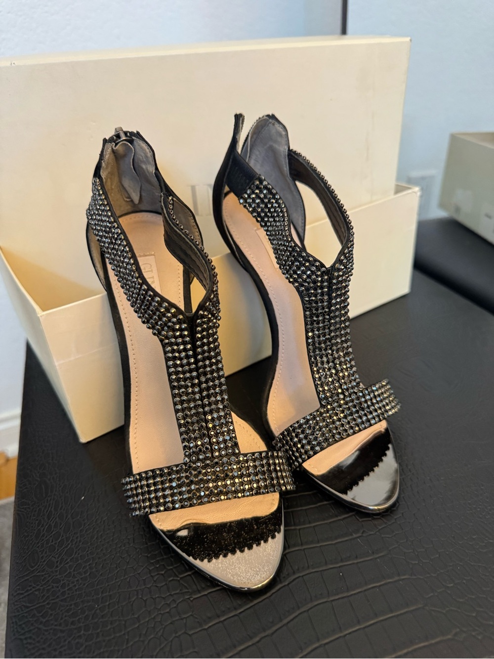 Glint Black Crystal T-Strap Heels